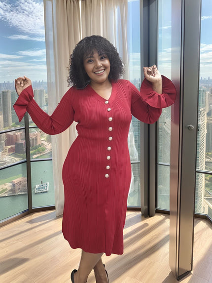 Maroon knit cardigan midi dress with long sleeves, button front, and side slit