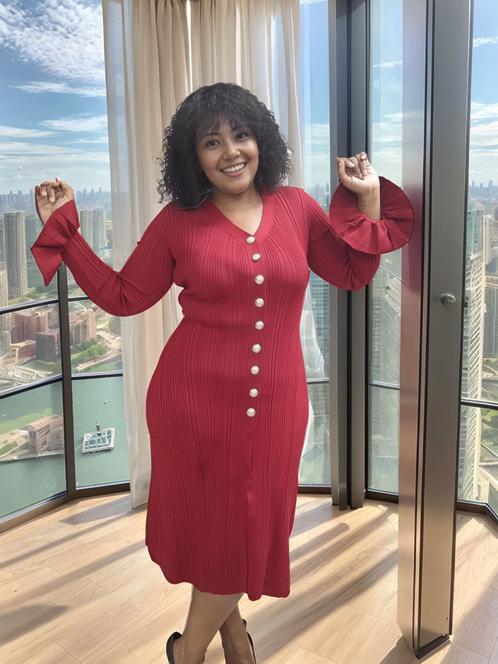 Maroon knit cardigan midi dress with long sleeves, button front, and side slit