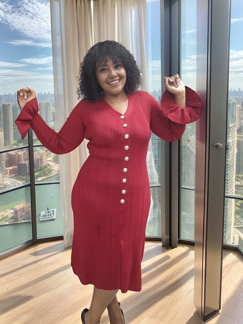 Knitted Long-Sleeve Cardigan Dress with Button Decoration and Front Slit