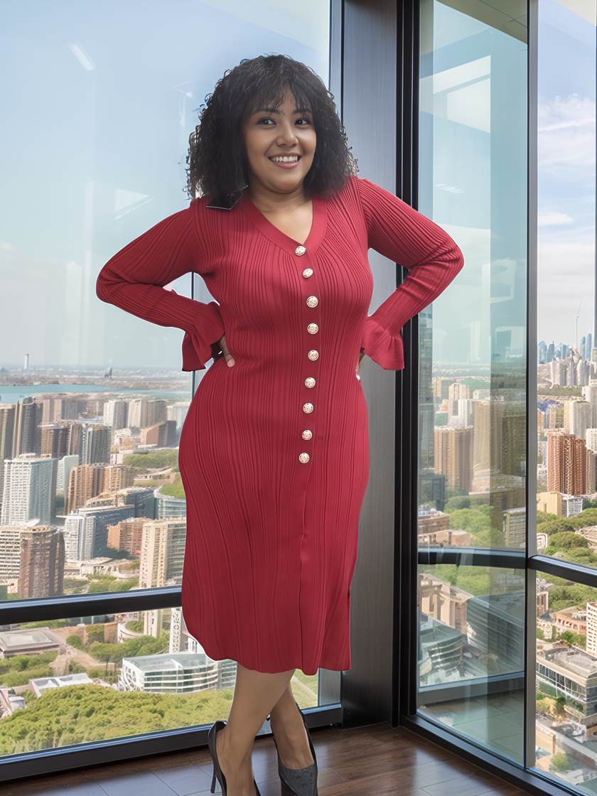 Knitted Long-Sleeve Cardigan Dress with Button Decoration and Front Slit