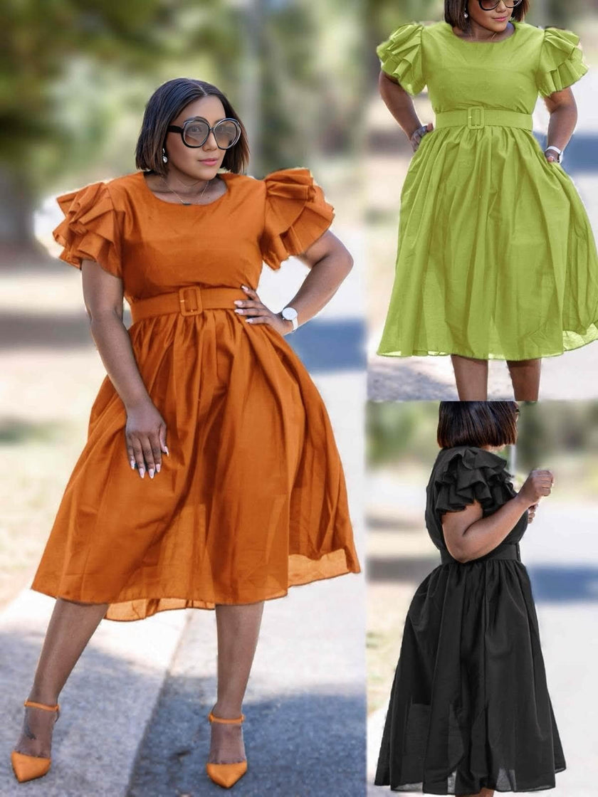Vintage Style Puff Sleeve Dress with Cinched Waist and Elegant Midi Skirt