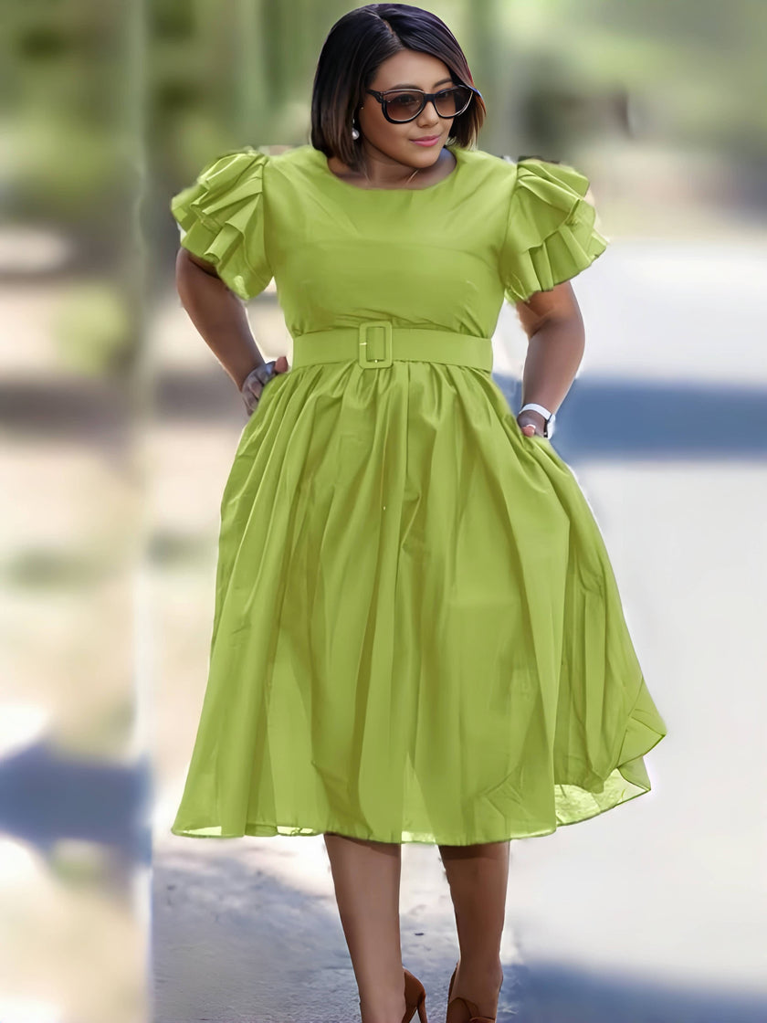 Vintage Style Puff Sleeve Dress with Cinched Waist and Elegant Midi Skirt