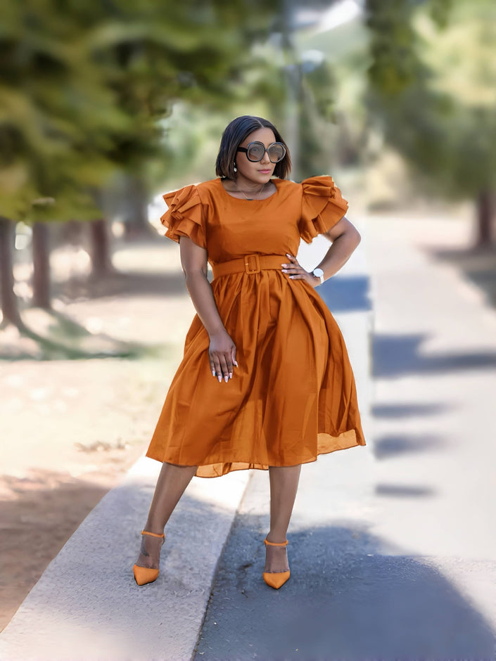 Vintage Style Puff Sleeve Dress with Cinched Waist and Elegant Midi Skirt