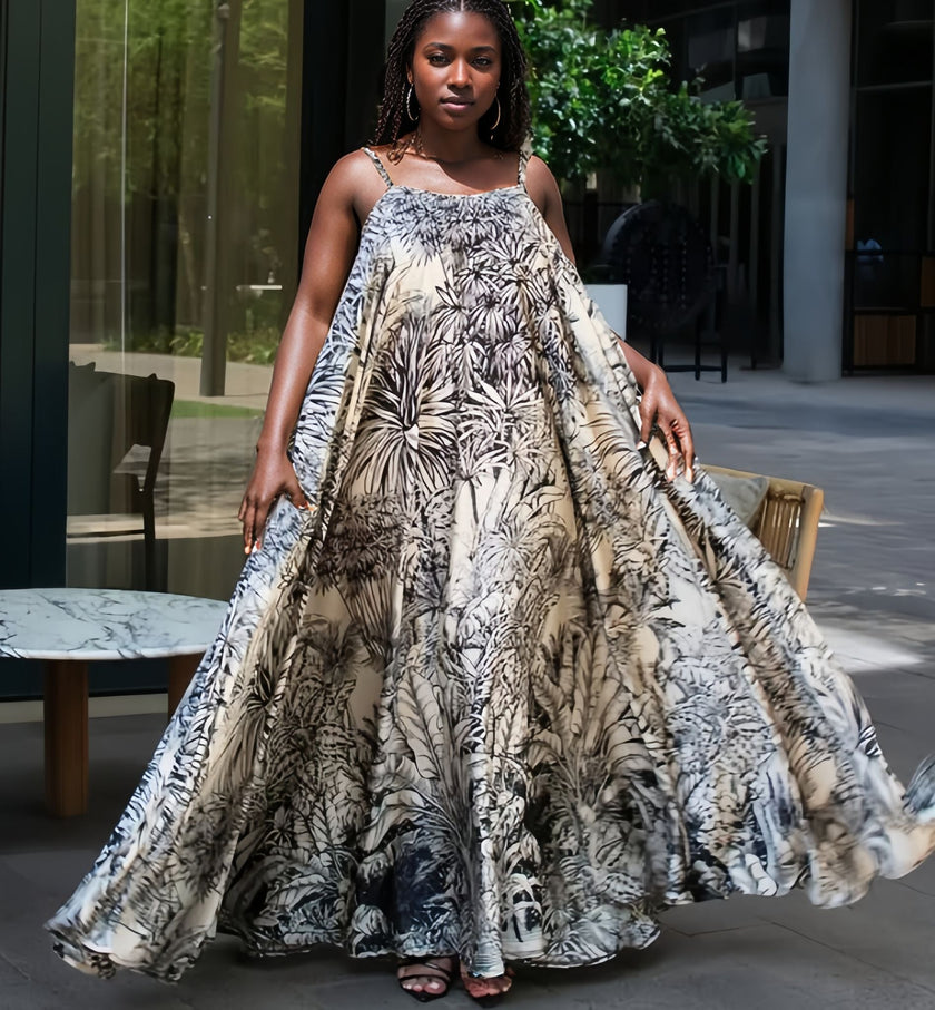 Women's Sleeveless Maxi Dress with Tropical Leaf Print