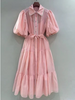 Elegant Puff Sleeve Tiered Dress with White Trim