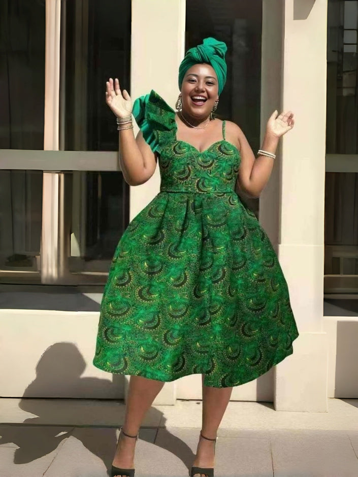 Ethnic One-Shoulder Ruffle Dress Festive Swirl Skirt