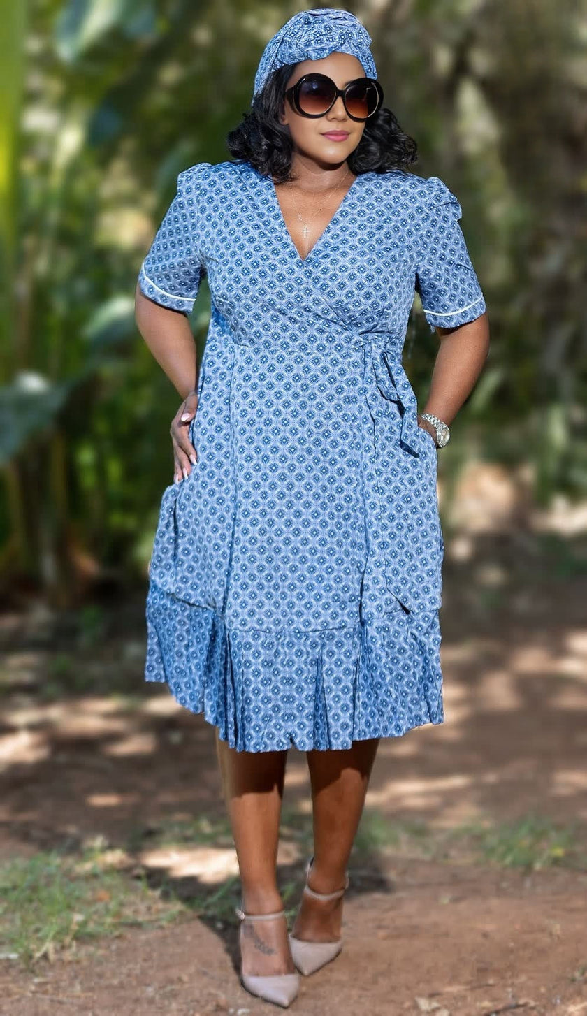 Ethnic Wrap Dress with Geometric Patterns and Ruffle Design