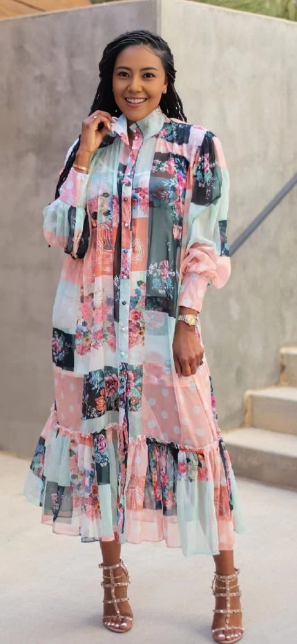Pastel floral ruffle midi dress with long sleeves, button front, tiered skirt.