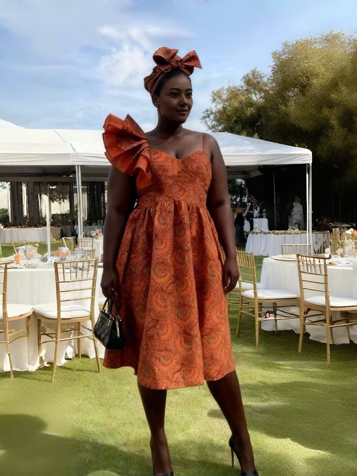 Ethnic One-Shoulder Ruffle Dress Festive Swirl Skirt