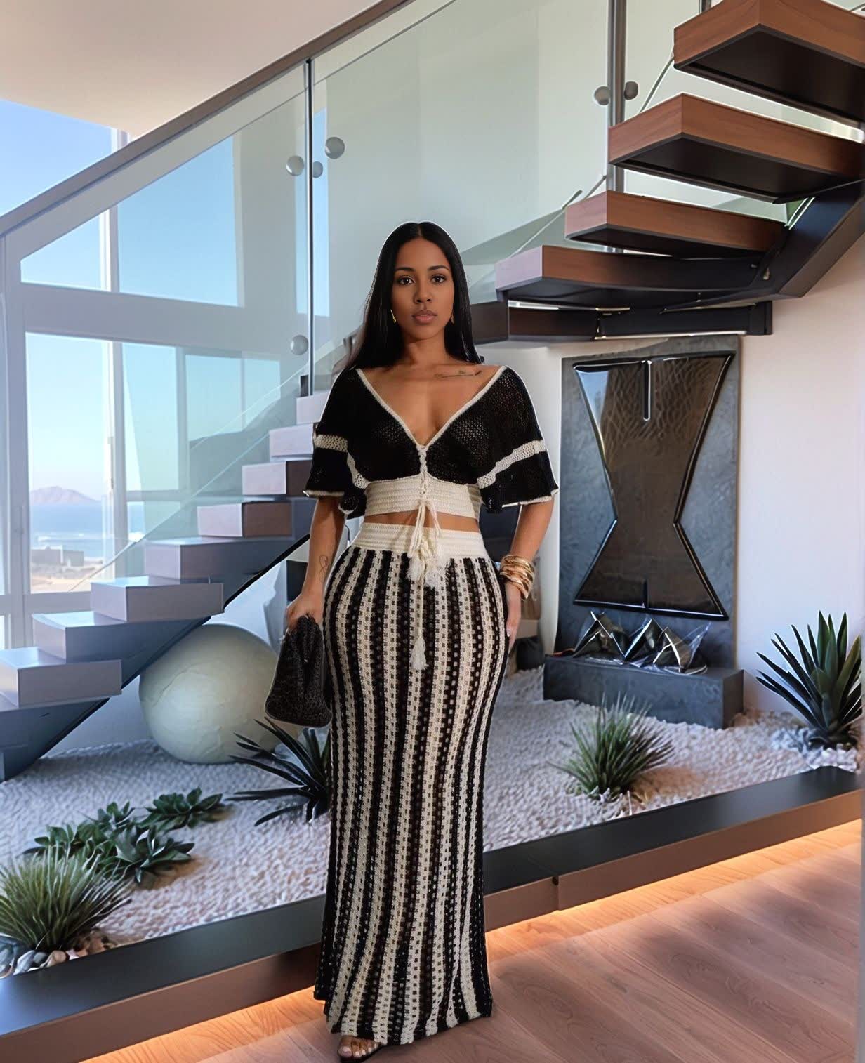 Striped Knit Two-Piece Set with Tie-Front Crop Top and High-Waisted Maxi Skirt