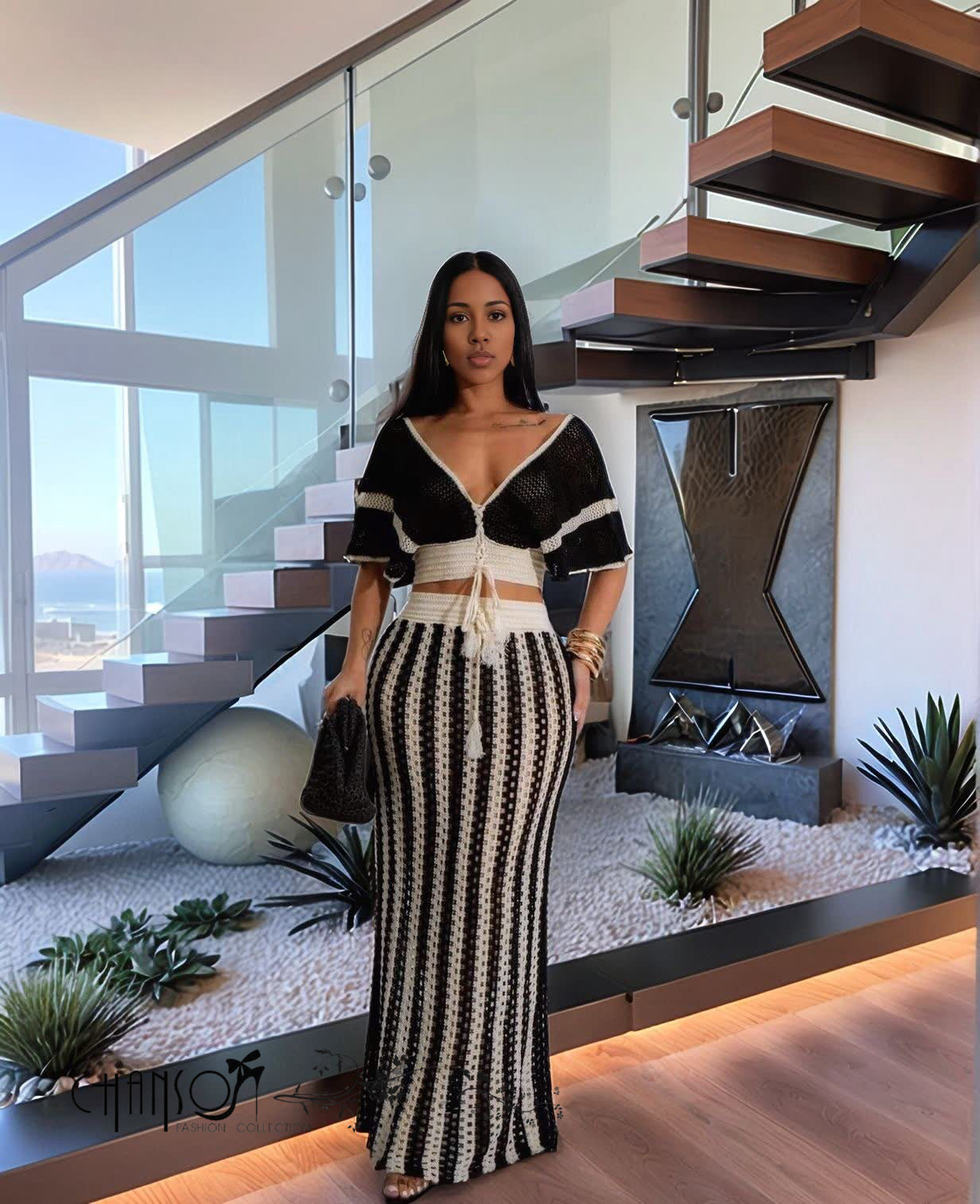 Black crochet twin set maxi skirt with drawstring crop top