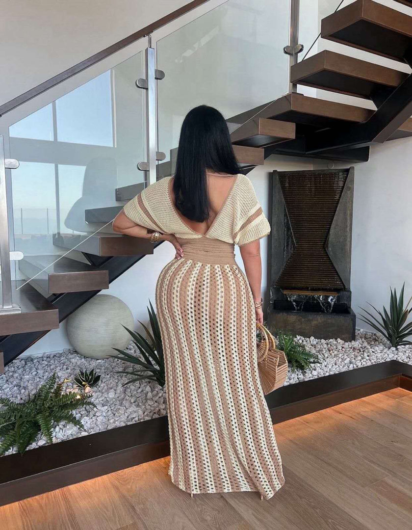 Striped Knit Two-Piece Set with Tie-Front Crop Top and High-Waisted Maxi Skirt