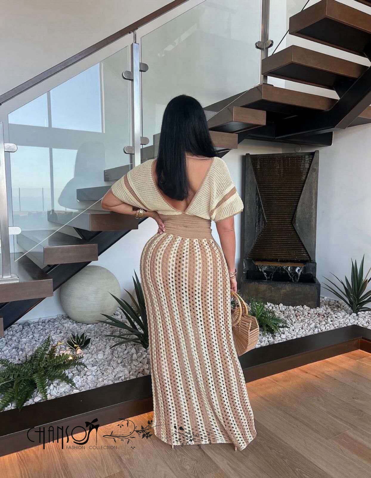 Nude crochet maxi skirt twin set, back view, drawstring crop top