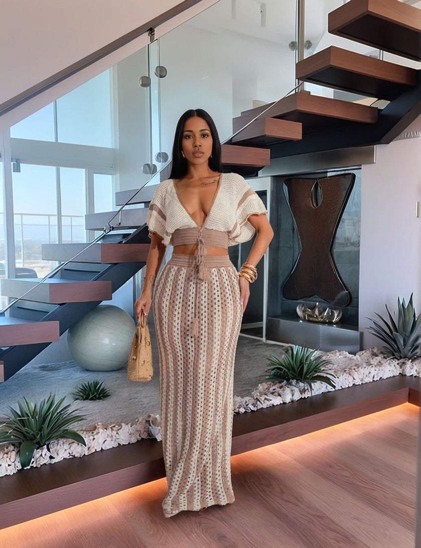 Striped Knit Two-Piece Set with Tie-Front Crop Top and High-Waisted Maxi Skirt