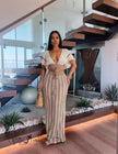 Nude crochet twin set maxi skirt with drawstring crop top, short sleeves