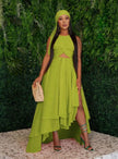 Lime green layered high-low dress with pleated bodice and sleeveless cut