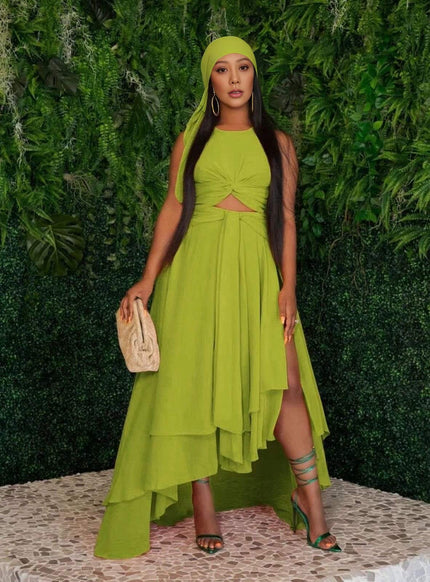 Lime green layered high-low dress with pleated bodice and sleeveless cut