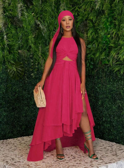 Hot-pink layered high-low dress with pleated bodice and sleeveless cut