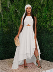 White layered high-low dress with pleated bodice and sleeveless cut