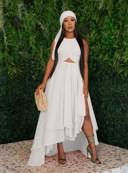 White layered high-low dress with pleated bodice and sleeveless cut