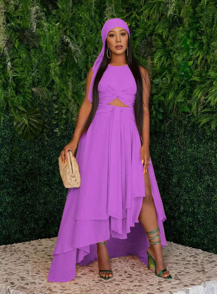 Purple layered high-low dress with pleated bodice and sleeveless cut