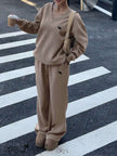 Khaki V-neck top and wide-leg pants set with small dog embroidery