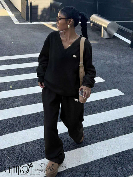 Black V-neck top and wide-leg pants set with small dog embroidery
