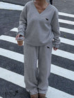 Grey V-neck top and wide-leg pants set with small dog embroidery