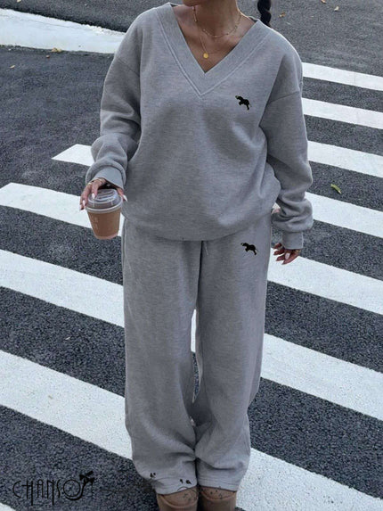 Grey V-neck top and wide-leg pants set with small dog embroidery