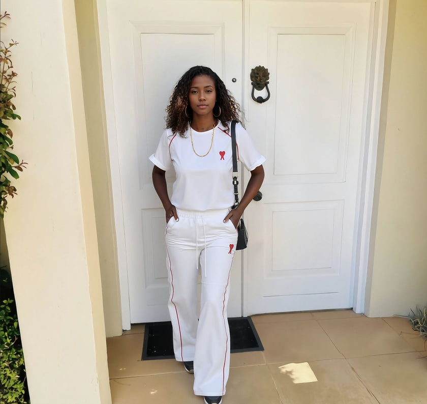 Casual Two-Piece Set with Red Trim｜Short Sleeve Top × Wide-Leg Pants × Chest Embroidery