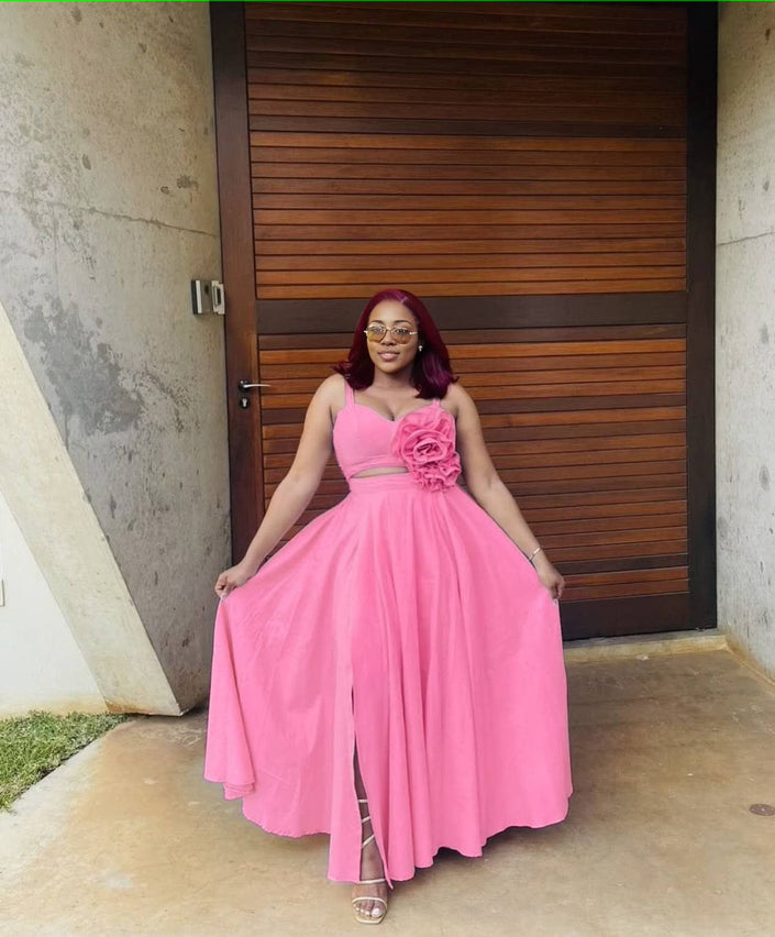 Light pink maxi dress with floral waist applique, sleeveless sweetheart bodice, slit hem