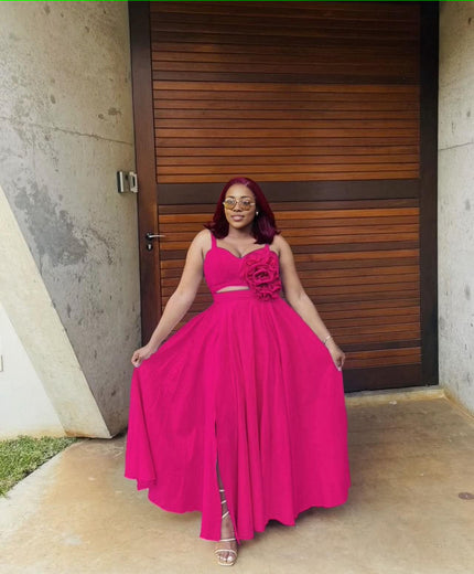 Pink maxi dress with floral waist applique, sleeveless sweetheart bodice, slit hem