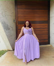 Light purple maxi dress with floral waist applique, sleeveless sweetheart bodice, slit hem