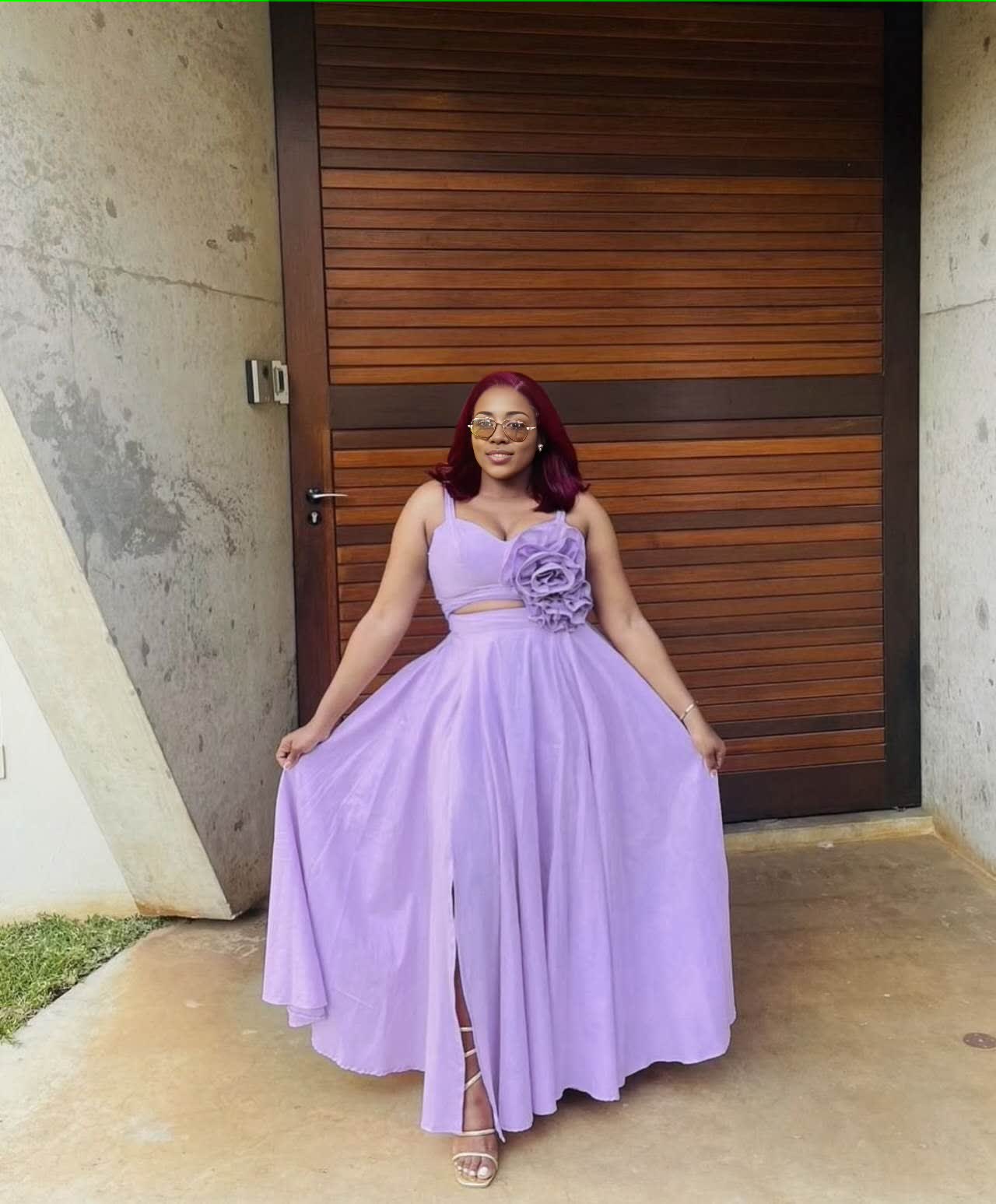Light purple maxi dress with floral waist applique, sleeveless sweetheart bodice, slit hem