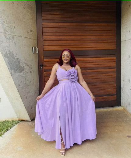 Light purple maxi dress with floral waist applique, sleeveless sweetheart bodice, slit hem