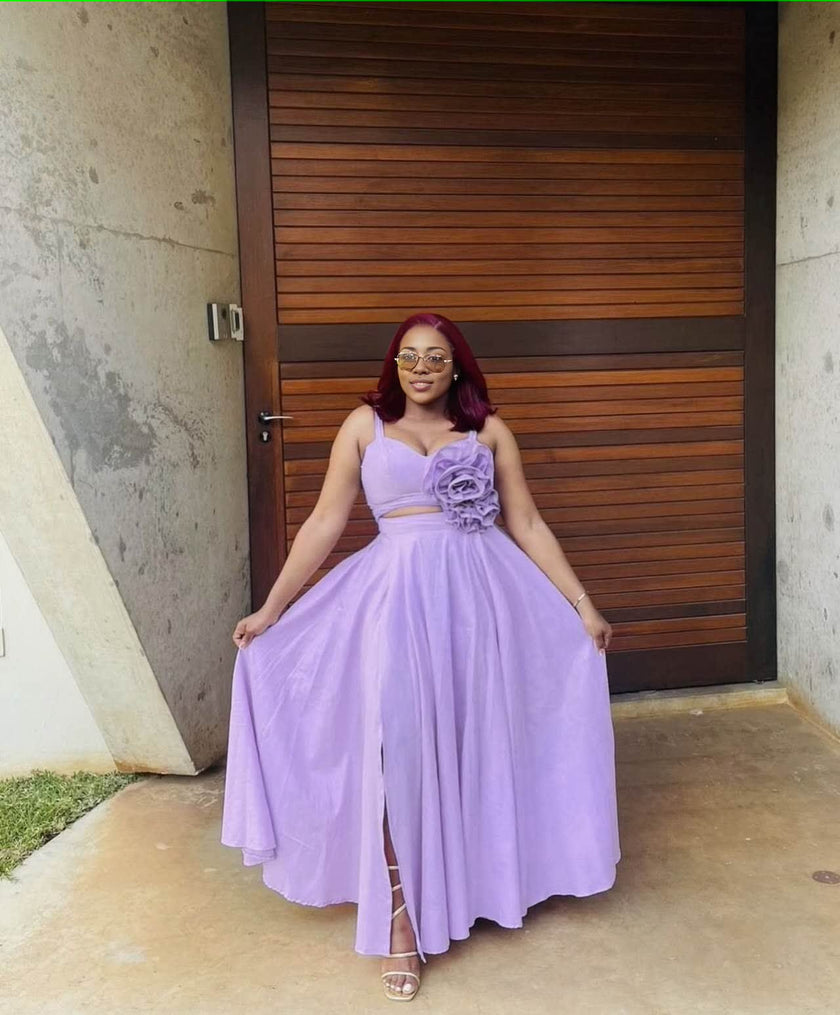 Light purple maxi dress with floral waist applique, sleeveless sweetheart bodice, slit hem