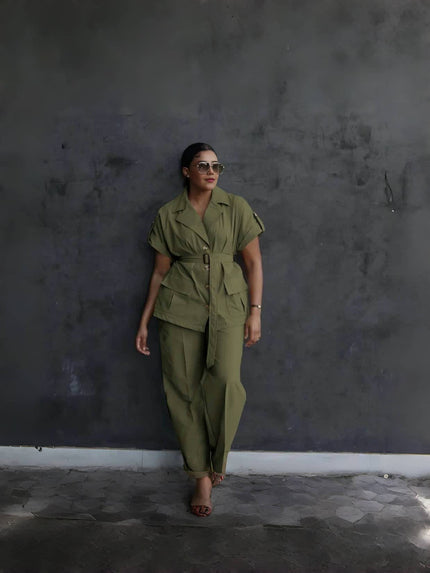 Dark olive belted lapel pantsuit with button-front short-sleeve jacket and loose trousers
