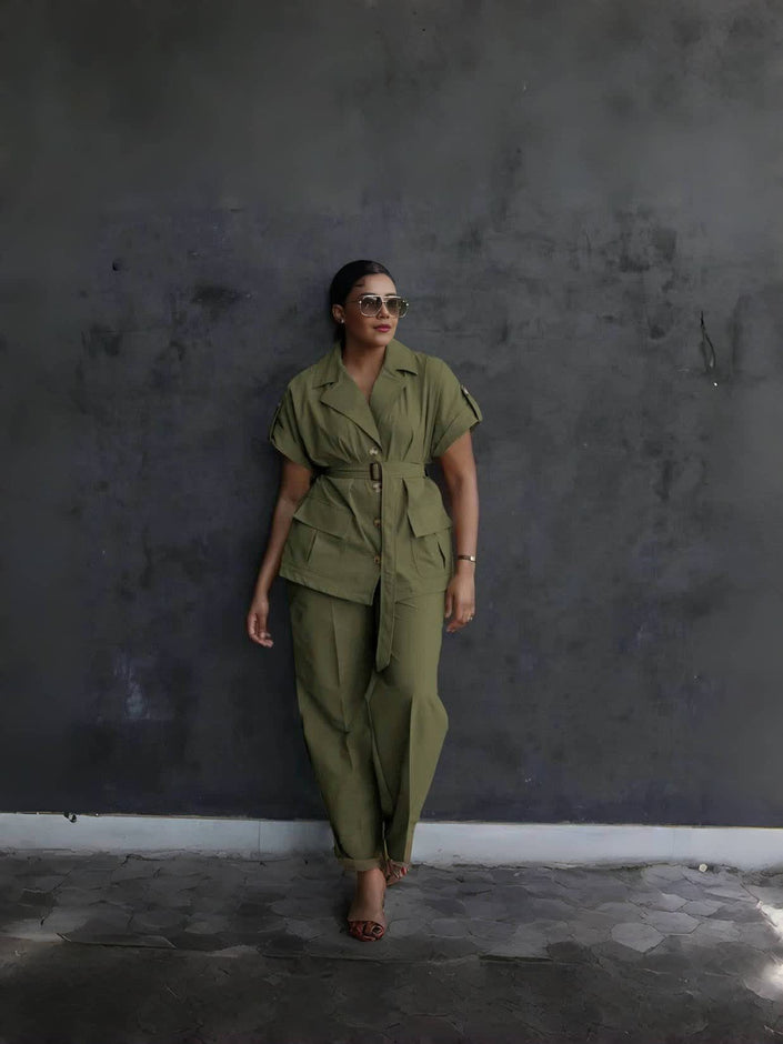 Dark olive belted lapel pantsuit with button-front short-sleeve jacket and loose trousers