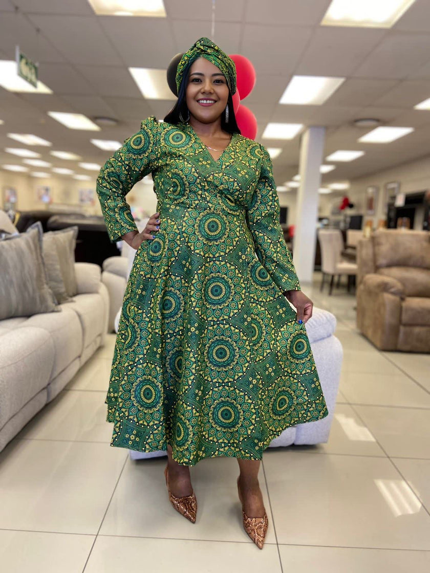 Long Sleeve A-Line Traditional Dress with Geometric Patterns