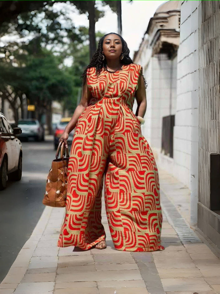 Red geometric print loose-fit sleeveless jumpsuit with wide-leg pants