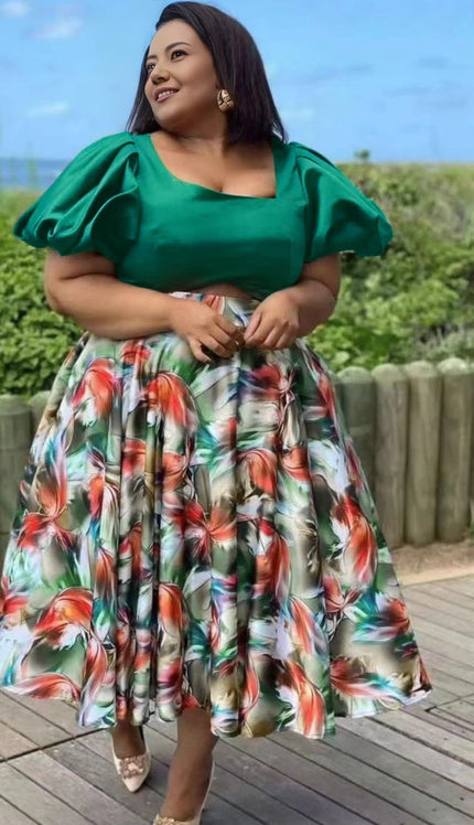 Floral puff sleeve twin set: dark green puff-sleeve top and floral skirt
