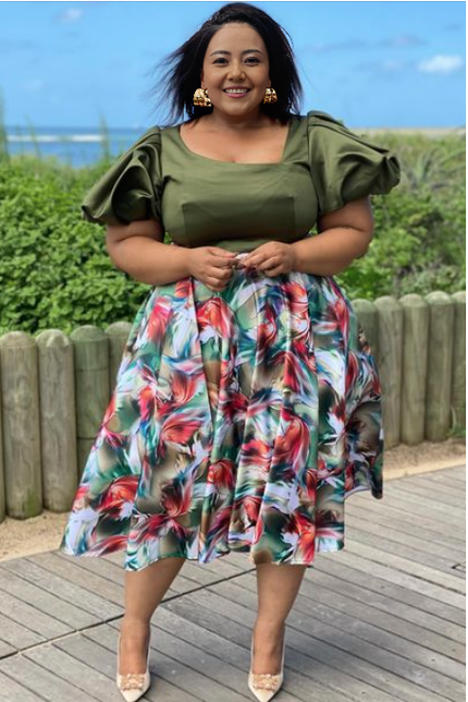 Floral puff sleeve twin set: olive puff-sleeve top and floral skirt