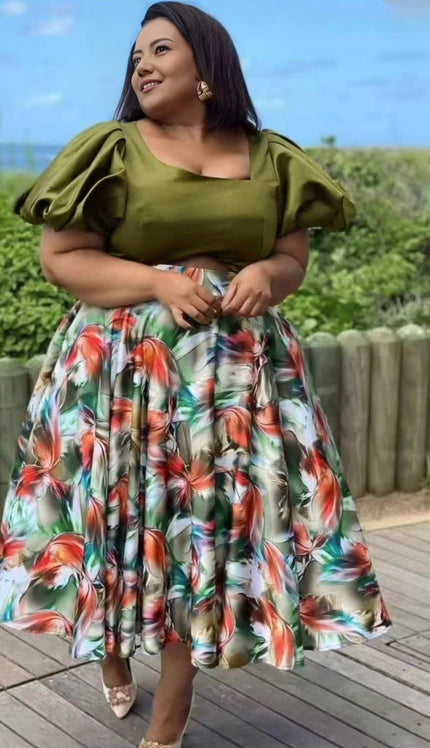 Floral puff sleeve twin set: deep olive puff-sleeve top and floral skirt