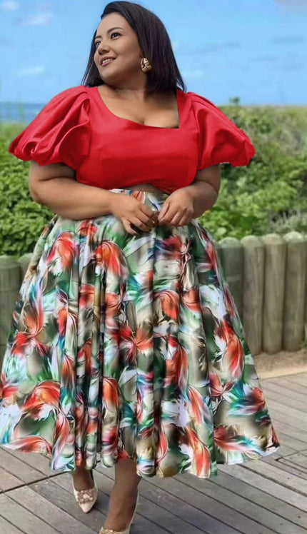 Floral puff sleeve twin set: red puff-sleeve top and floral skirt