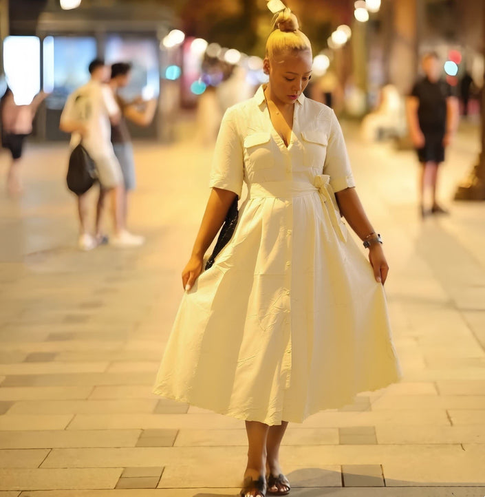 Cream collared shirt midi dress with tie waist and short sleeves