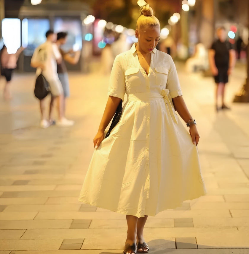 Cream collared shirt midi dress with tie waist and short sleeves