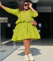 Tiered mini dress in lime green, long sleeves, ruffle layers, gathered bodice