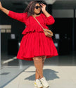 Tiered mini dress in red, long sleeves, ruffle layers, gathered bodice