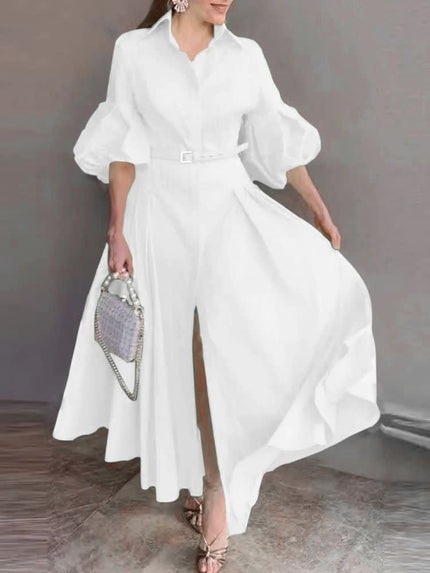 White puff-sleeve belted maxi dress with button-up V-neck and flowing skirt