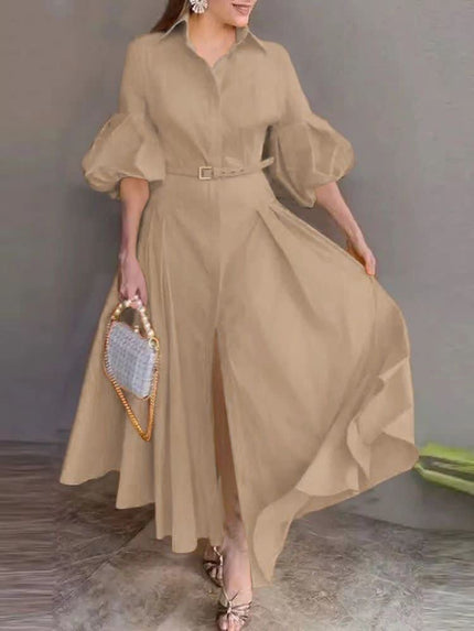 Khaki puff-sleeve belted maxi dress with button-up V-neck and long skirt